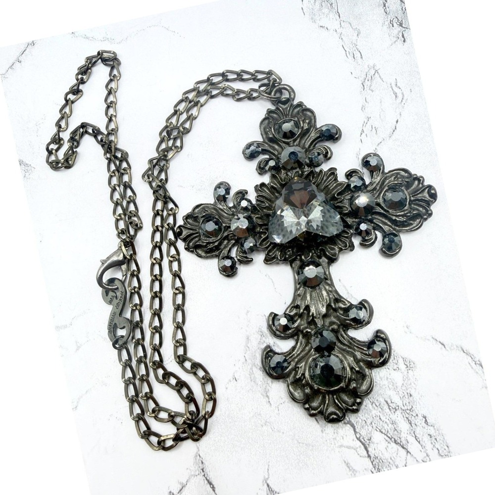 Marianna's Austrian Crystal Gunmetal Gray Christian Cross Necklace Smoky Gray